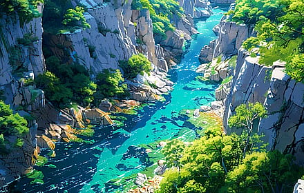 Lush Green Canyon Flowing River'