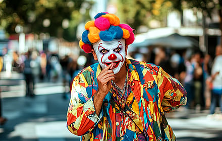 A Clown attempting to remove his own tongue for entertainment value'