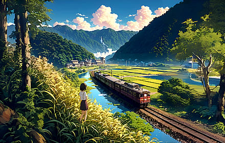 Serene Countryside Journey: Watching the Train Pass Through Lush Valley Fields'