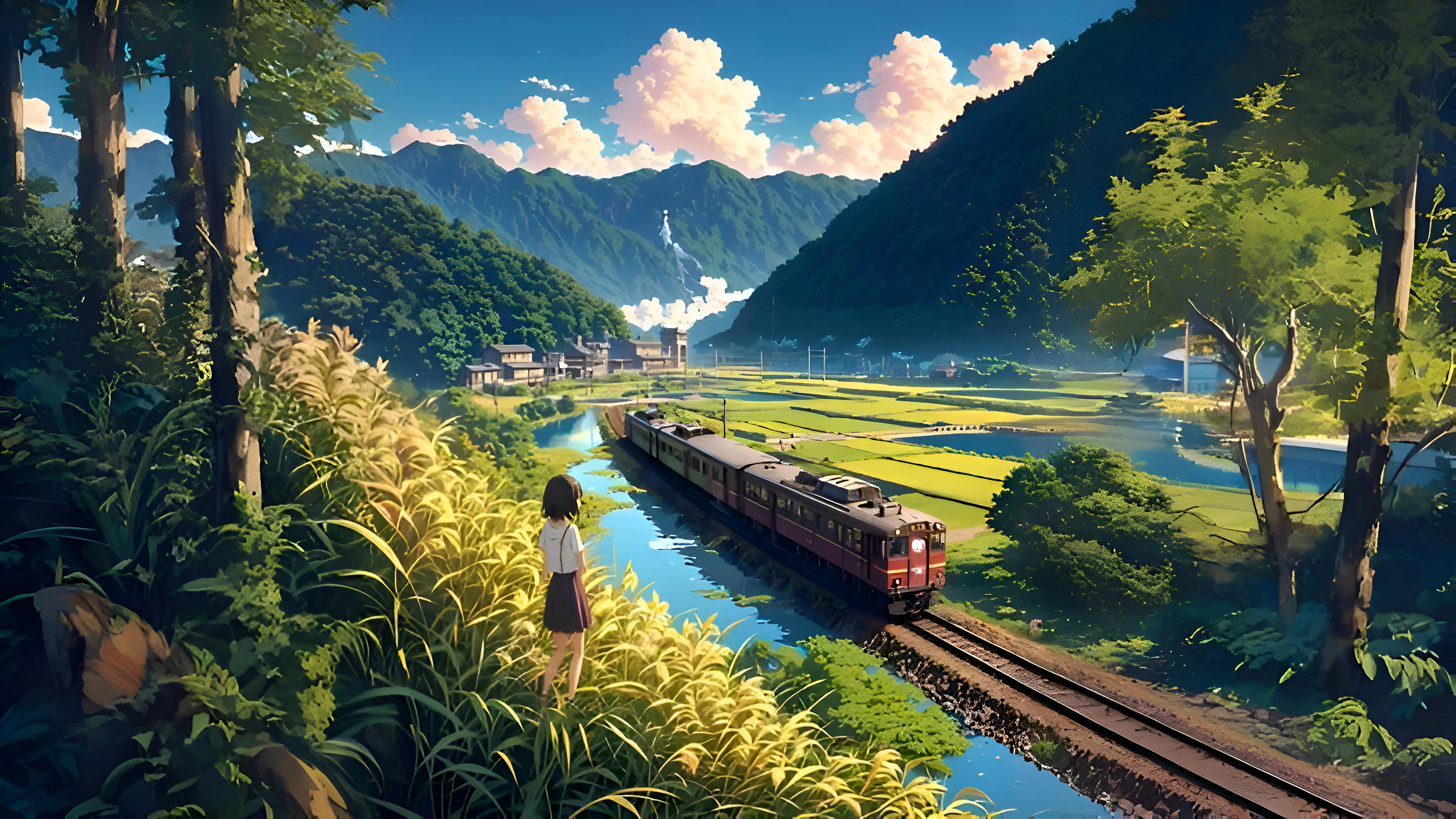 Serene Countryside Journey: Watching the Train Pass Through Lush Valley Fields picture 1 of 1