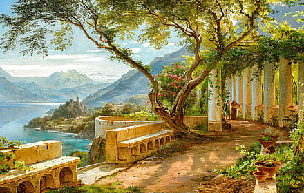 A monk and a novice at an Italian loggia, with an inlet and some mountains in the background by Carl Frederik Aagaard, 1877'