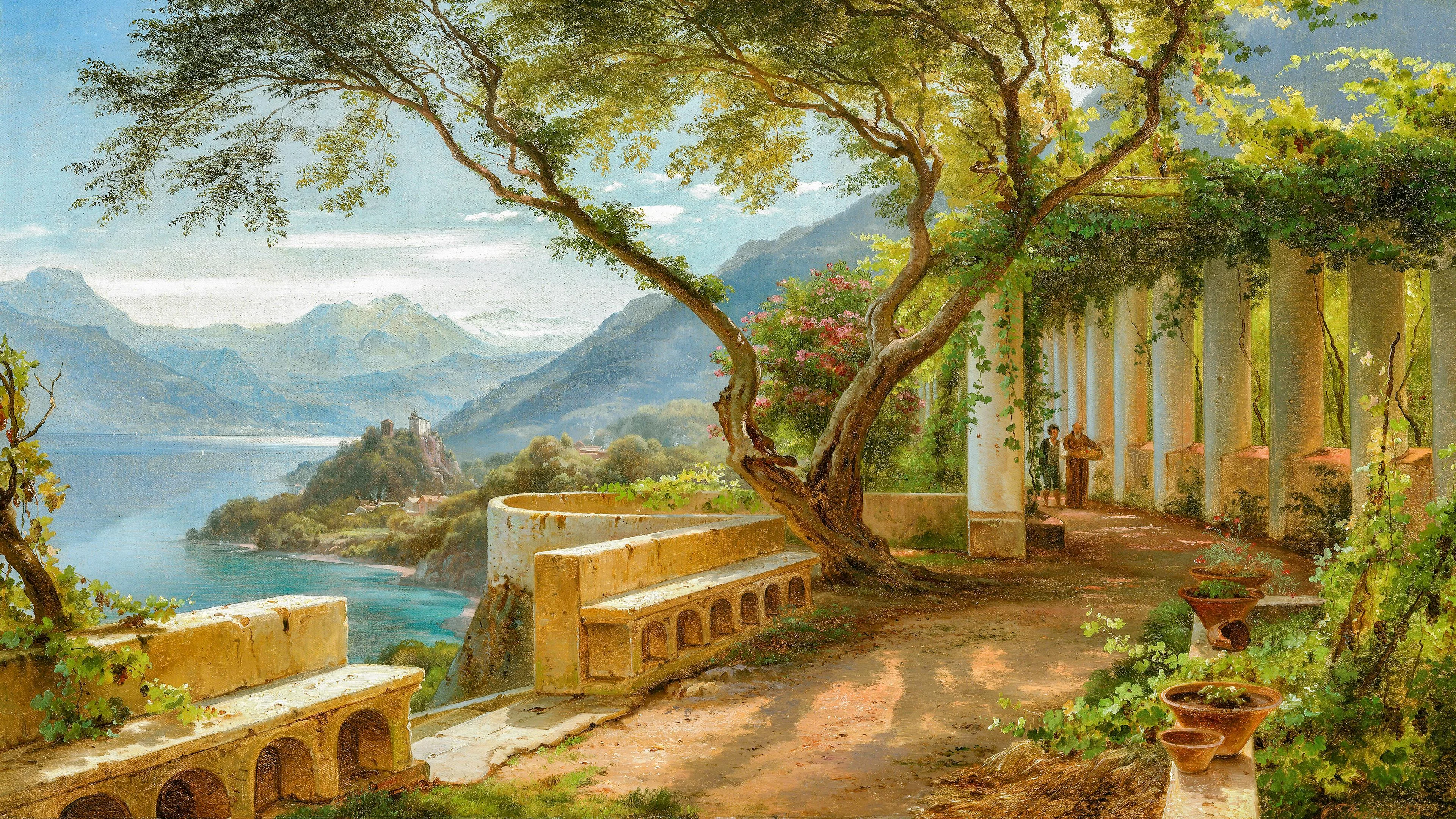 A monk and a novice at an Italian loggia, with an inlet and some mountains in the background by Carl Frederik Aagaard, 1877 picture 1 of 1