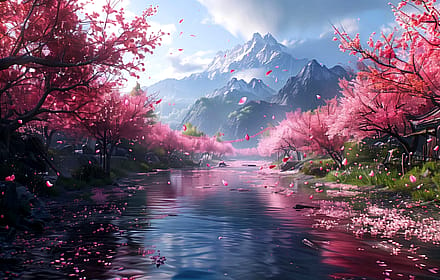 Mystical Cherry Blossom Mountains River'