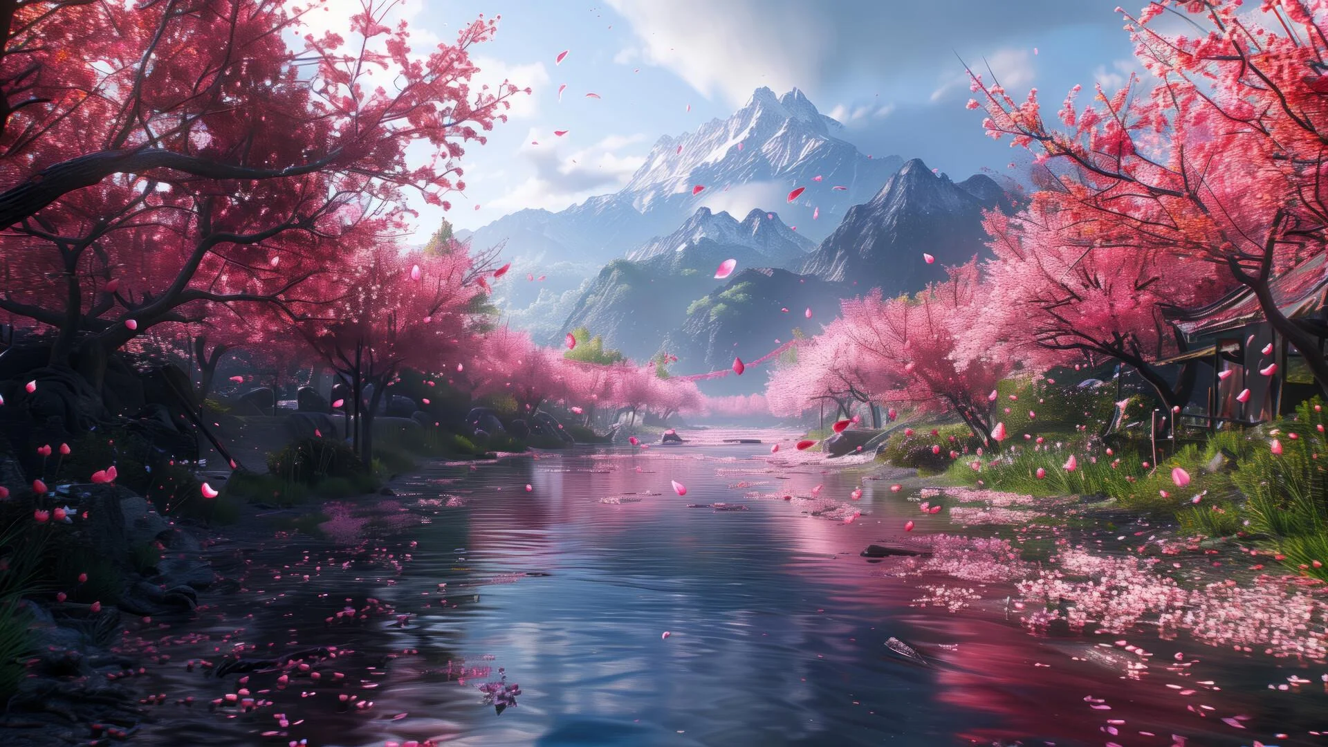 Mystical Cherry Blossom Mountains River picture 1 of 1