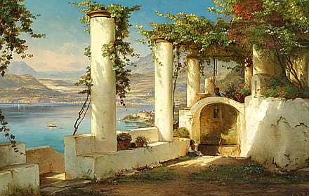 Italians sitting in the shadows of a pergola at a mountain lake by Carl Frederik Aagaard, 1883'