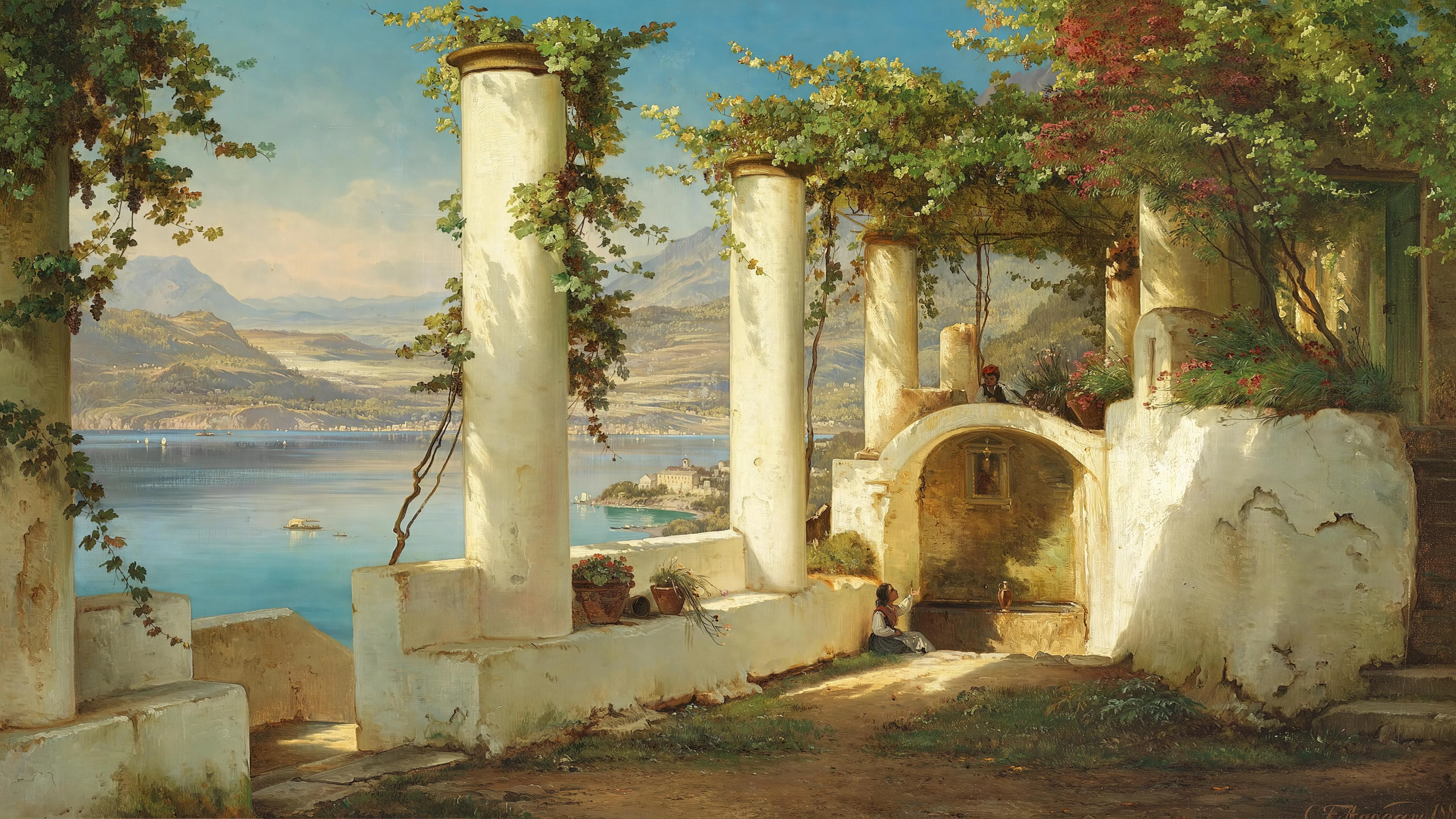 Italians sitting in the shadows of a pergola at a mountain lake by Carl Frederik Aagaard, 1883 picture 1 of 1