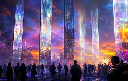 Epic Fantasy Glow Pillars And Crowd'