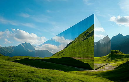 Modern Mirror Cube Reflecting Alpine Scenery'