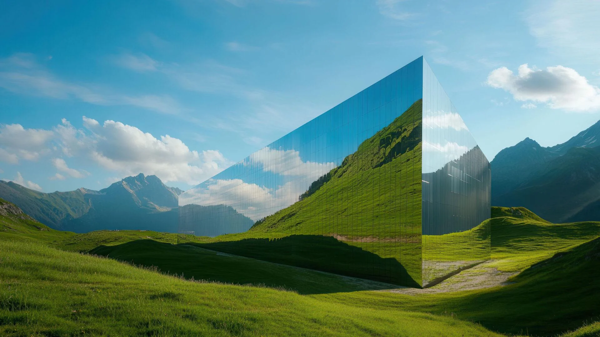 Modern Mirror Cube Reflecting Alpine Scenery picture 1 of 1