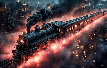 Steam Train Cityscape At Night'