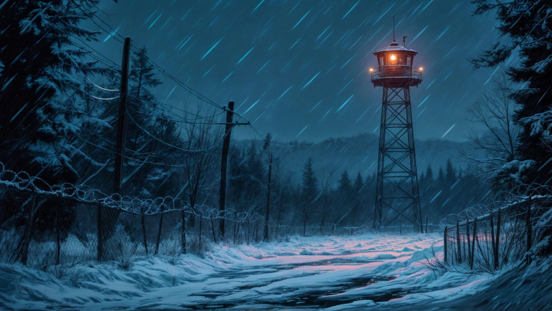 Winter Watchtower Under Snowy Night Sky picture 1 of 1