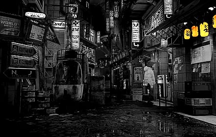 Ultra Wide B&W Stray City with yellow lights.'