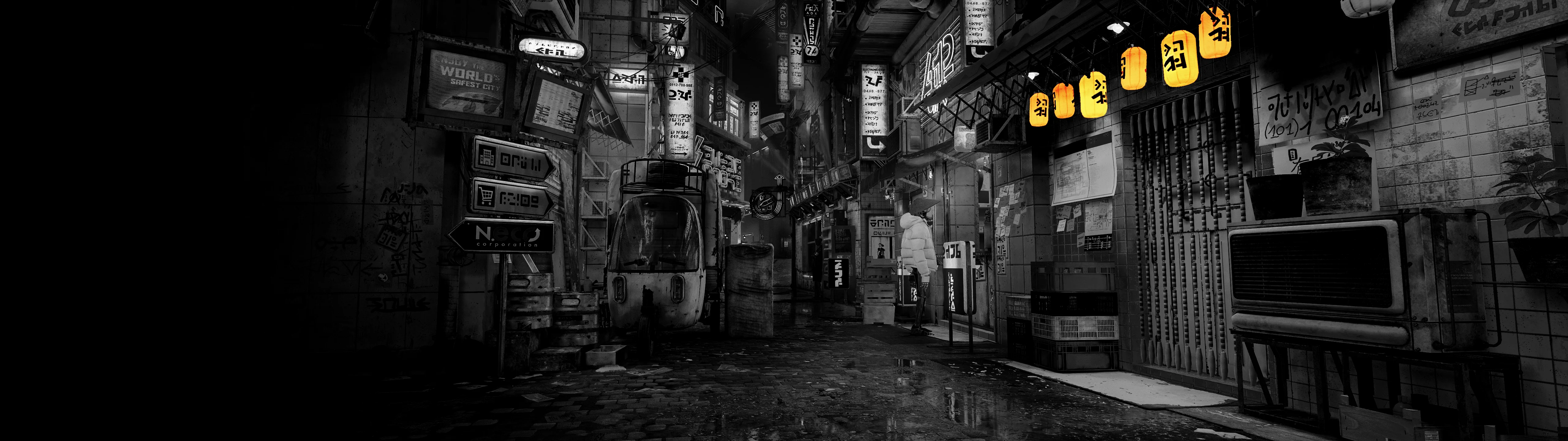 Ultra Wide B&W Stray City with yellow lights. picture 1 of 1