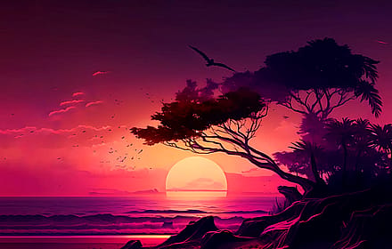 Sunset Over the Beach and Tree [1920x1080]'