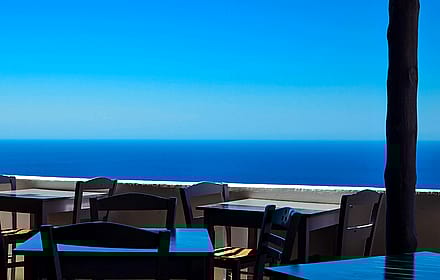  Anafi Island Greece Photo – Aegean Sea View from Taverna | Minimal Coastal Print or Digital Wallpaper'