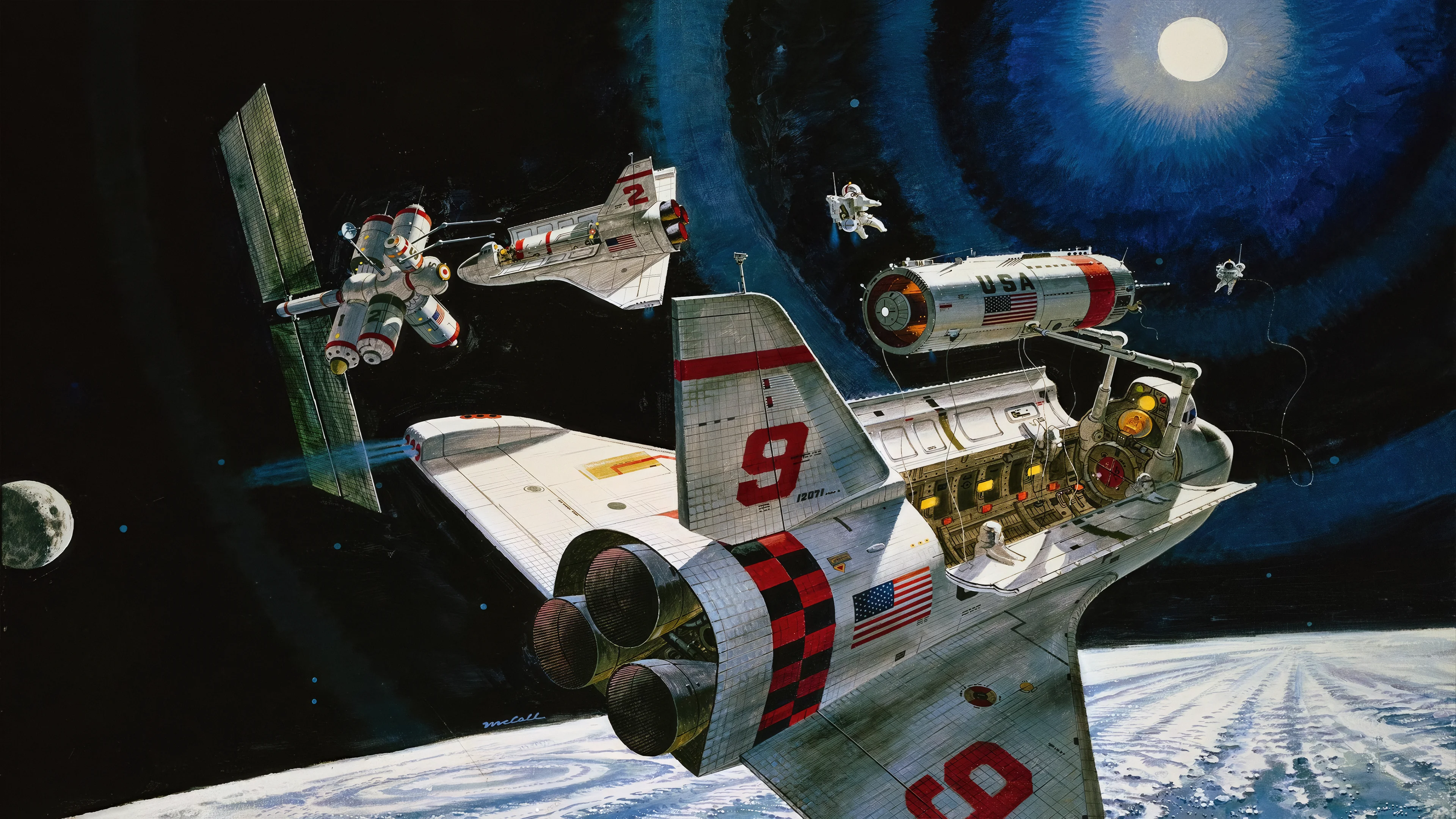 Illustration for Isaac Asimov's novel Man in Space by Robert McCall, 1974 picture 1 of 1