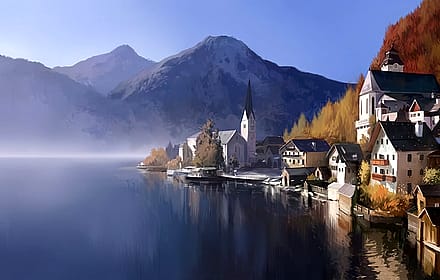 Hallstatt, Austria photo ref painting by @slow_haru'