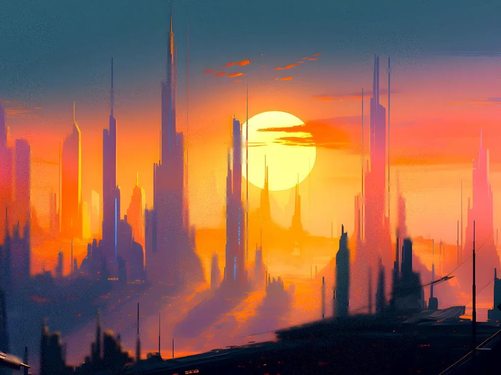  Futuristic Sci-Fi Cityscape Digital Wallpaper – Sunset Skyline Art for Desktop, Tablet & Laptop | Digital Download Wall Art picture 1 of 1