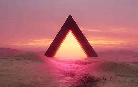 Giant triangle portal in pink sky desert'