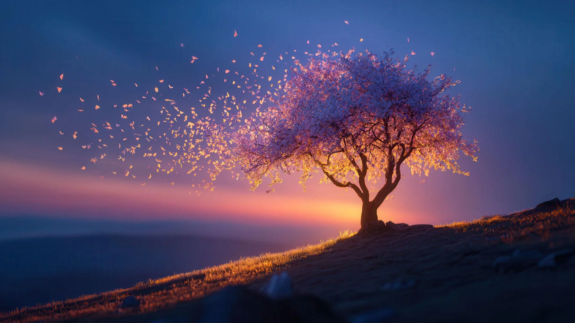 Blooming tree petals blowing in sunset wind picture 1 of 1