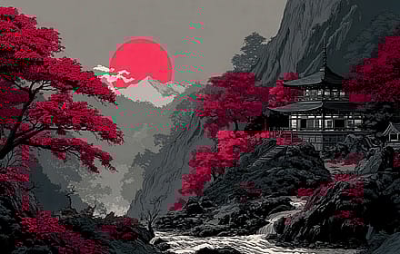 Red Sun Illuminating Japanese Temple Mountain Scene'