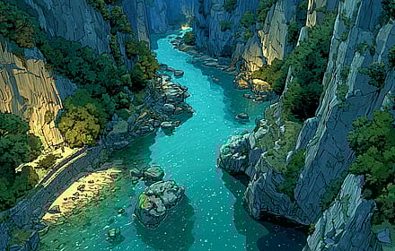 Serene Blue River Gorge Illustration With Sunlight'