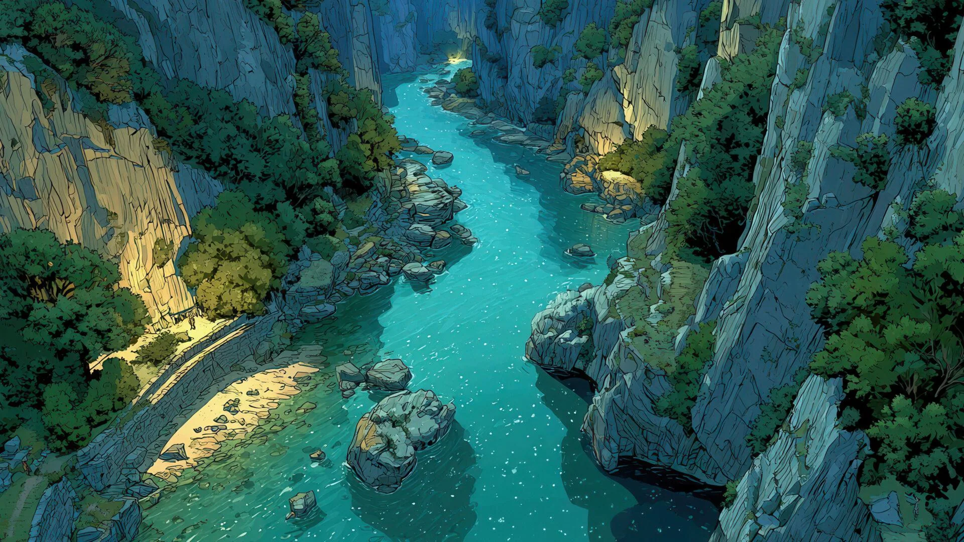 Serene Blue River Gorge Illustration With Sunlight picture 1 of 1