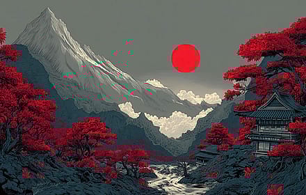 Red Sun Over Japanese Mountain Temple Landscape'