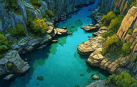 Sunlit rocks and turquoise river in canyon'