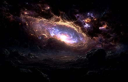 Vibrant Cosmic Nebula Above Dark Alien Landscape'
