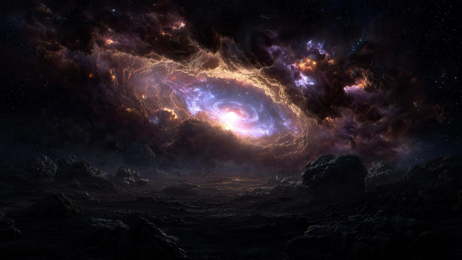 Vibrant Cosmic Nebula Above Dark Alien Landscape picture 1 of 1