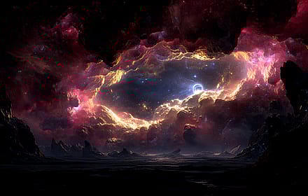 Vibrant Cosmic Archway Over Dark Alien Landscape'