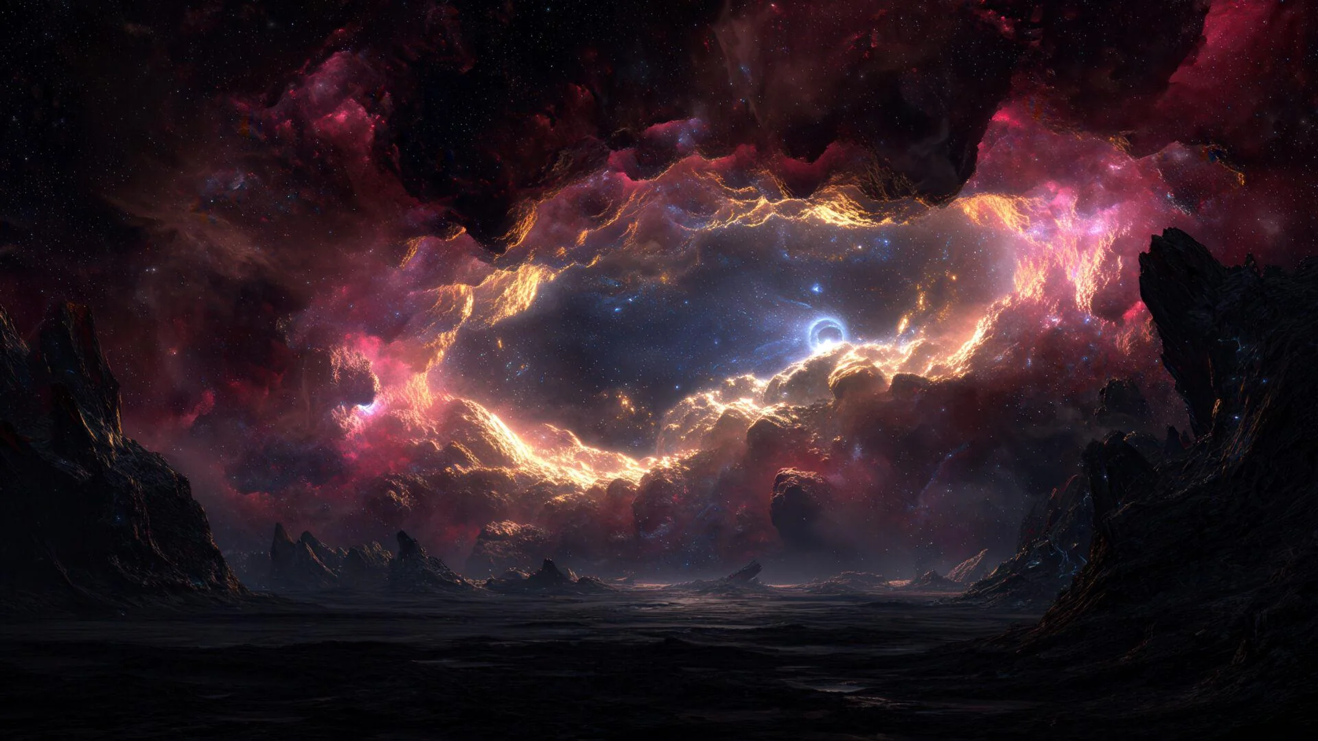 Vibrant Cosmic Archway Over Dark Alien Landscape picture 1 of 1