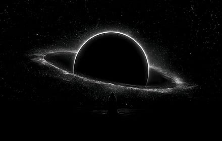 Figure stands facing a cosmic ringed planet'