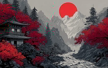 Scarlet Autumn Temple Against Mountain Sunrise'