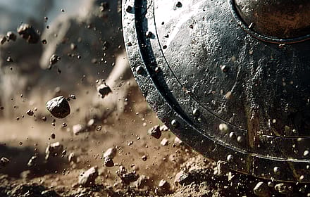 Ancient Metal Shield Impacting Ground Debris'