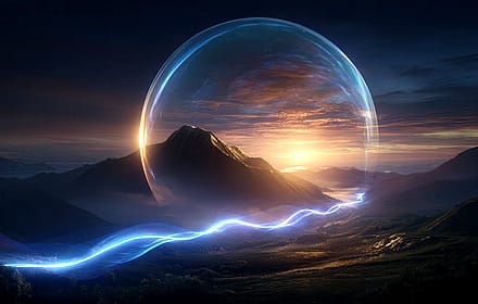 Ethereal light orb with flowing energy across mountains'