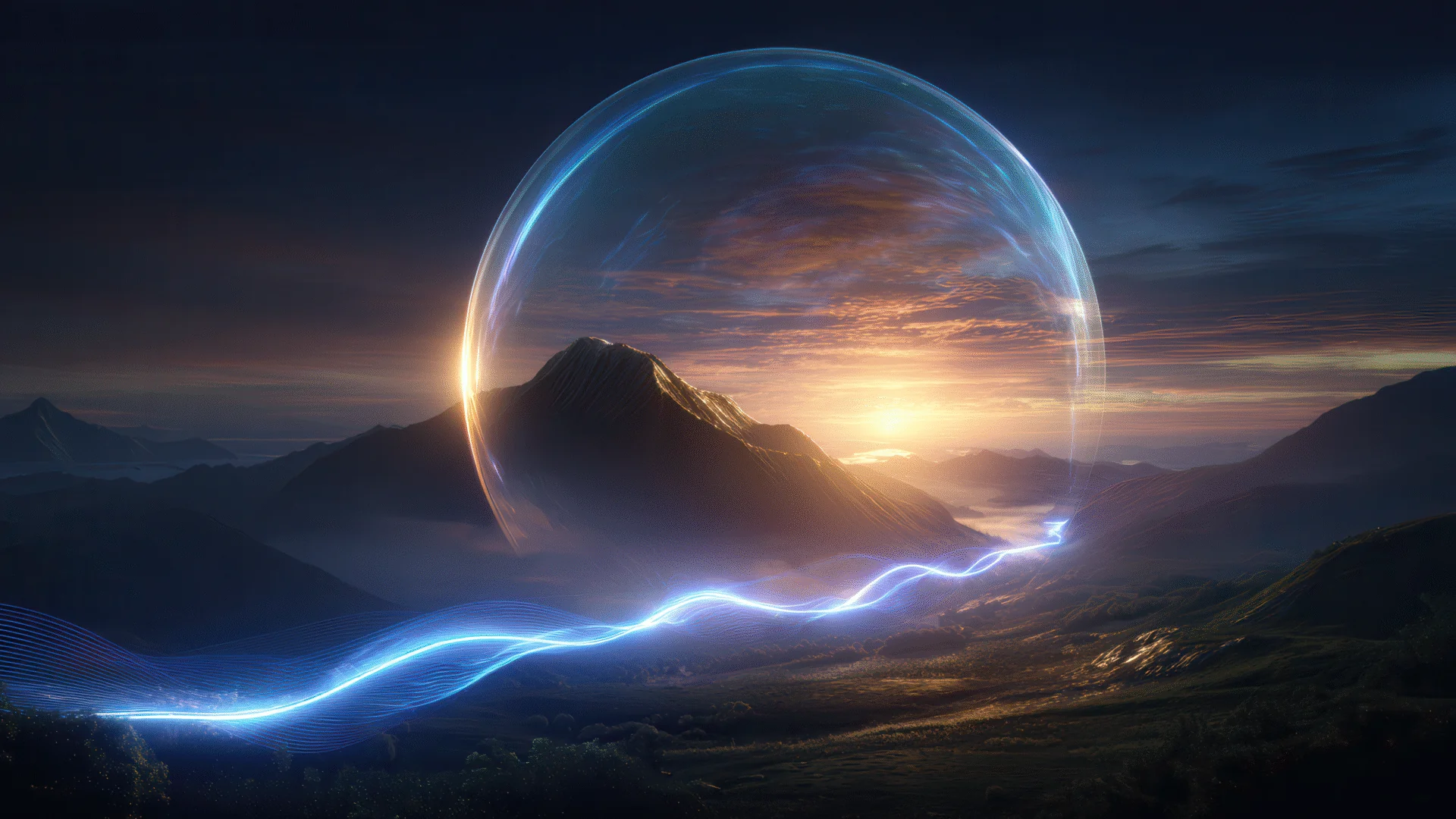 Ethereal light orb with flowing energy across mountains picture 1 of 1