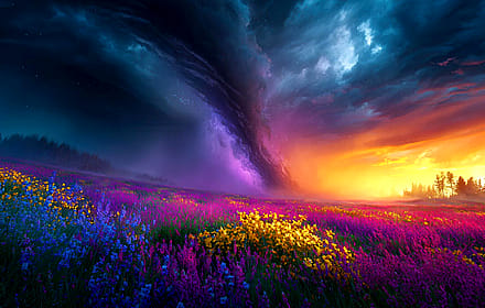Fantasy Floral Field Under Galactic Sunset Clouds'