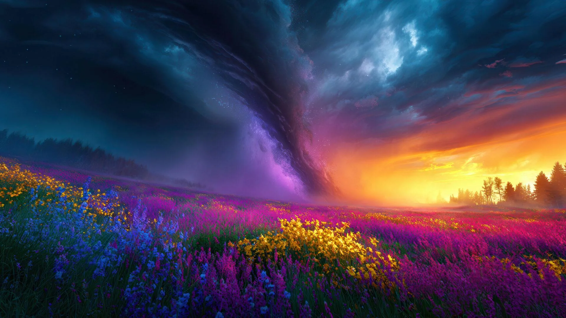 Fantasy Floral Field Under Galactic Sunset Clouds picture 1 of 1