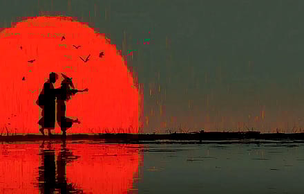 Sunset love story reflected in water'