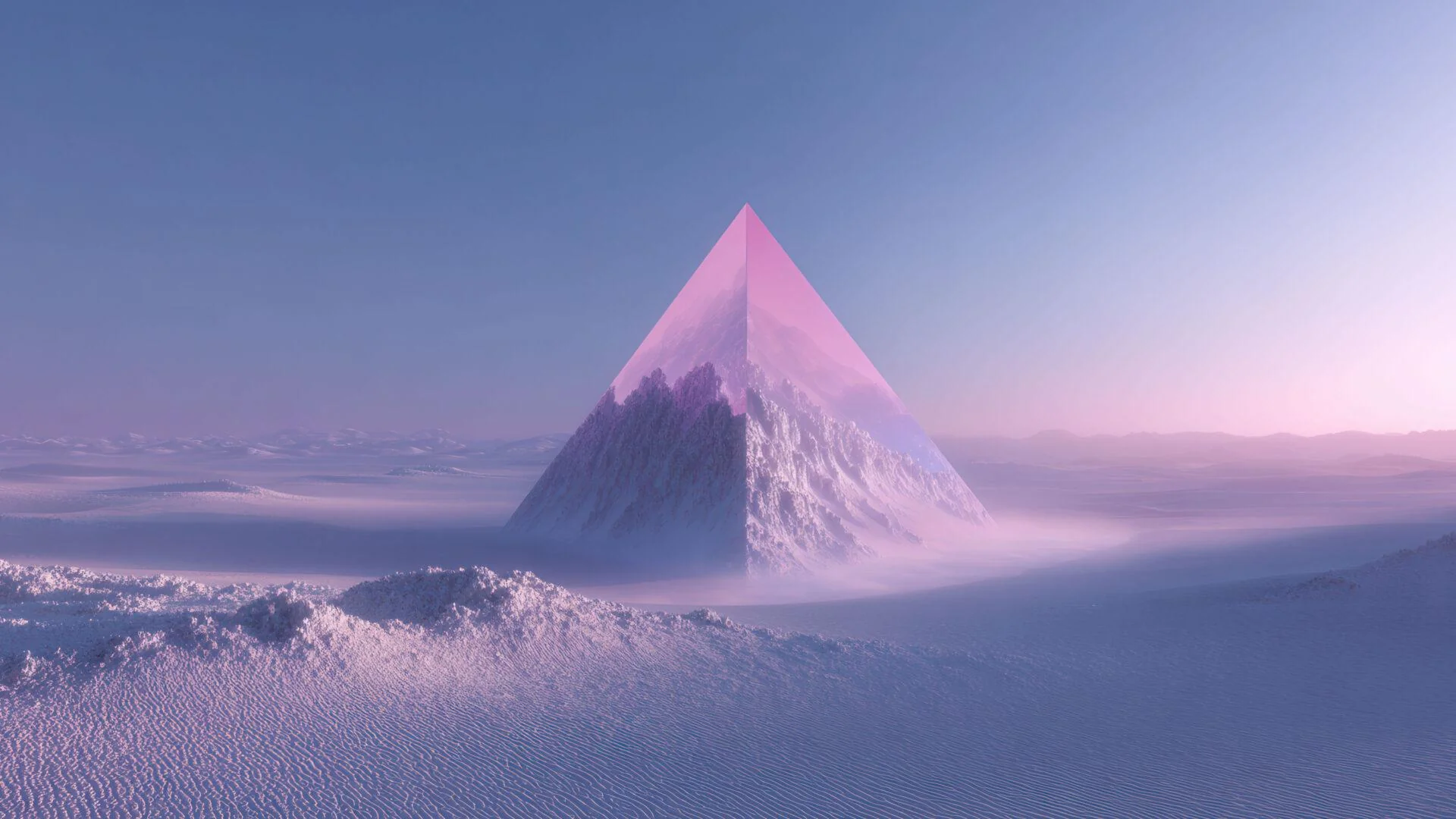 Geometric mountain inside glowing pink pyramid picture 1 of 1