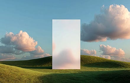 Frosted translucent panel in dreamy green landscape'