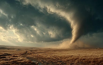 Sunlit Tornado Funnel Cloud Over Vast Open Plains'