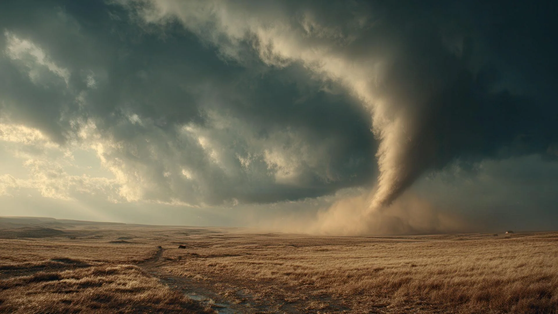 Sunlit Tornado Funnel Cloud Over Vast Open Plains picture 1 of 1