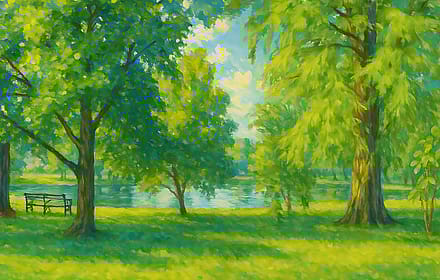 One with nature - trees, skies, lake, and a bench.'
