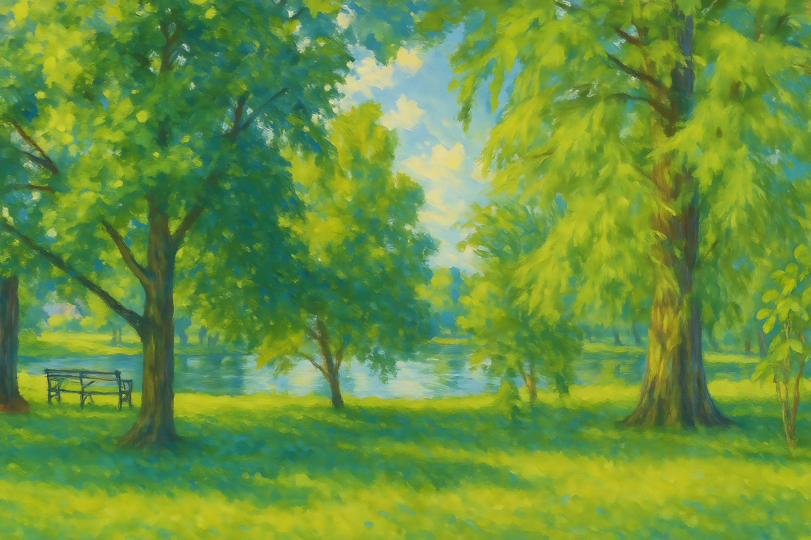 One with nature - trees, skies, lake, and a bench. picture 1 of 2