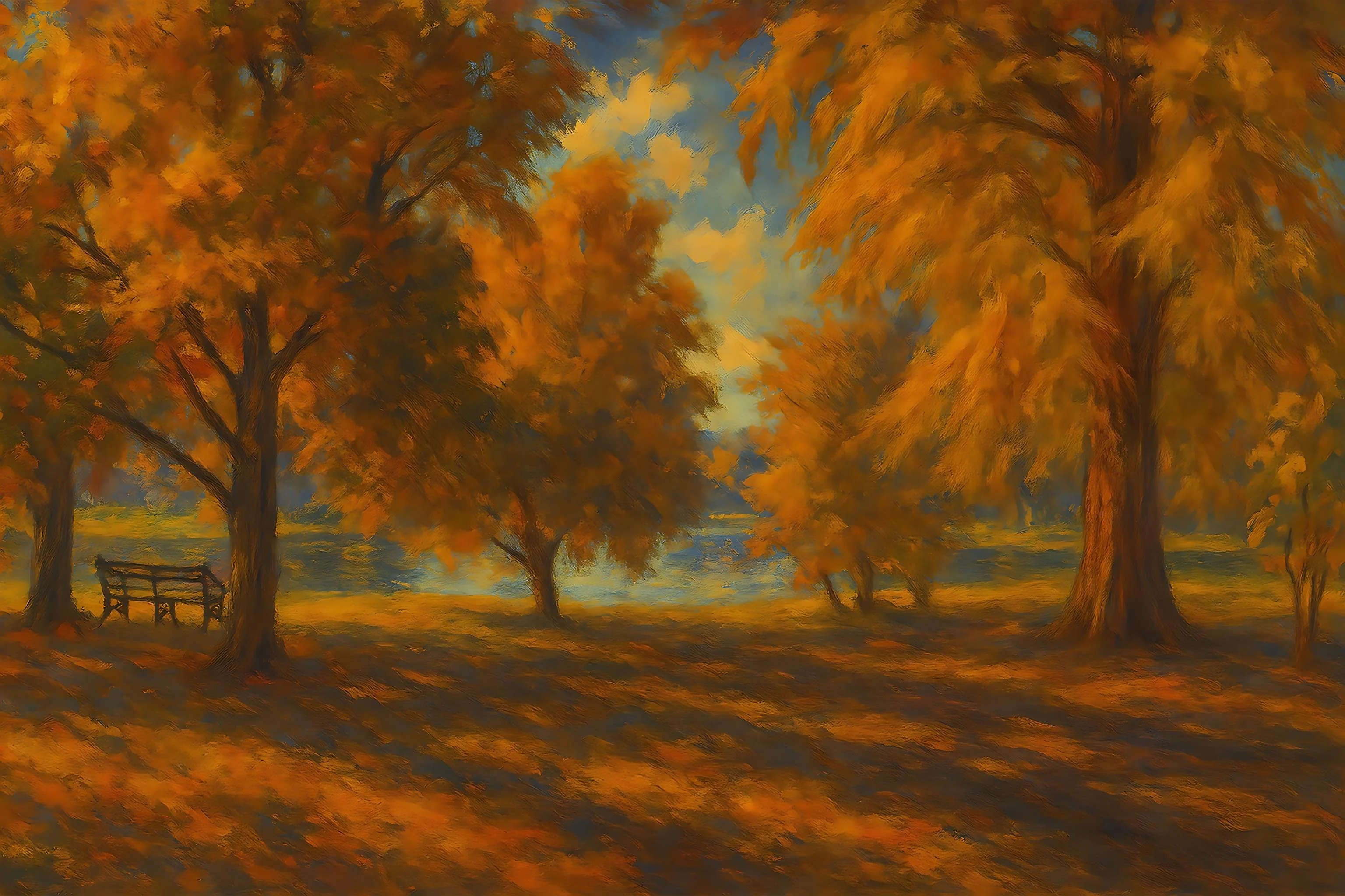 One with nature - trees, skies, lake, and a bench. picture 2 of 2
