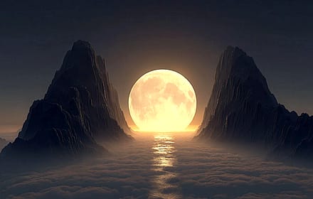 Golden Full Moon Over Cloud Filled Mountains'