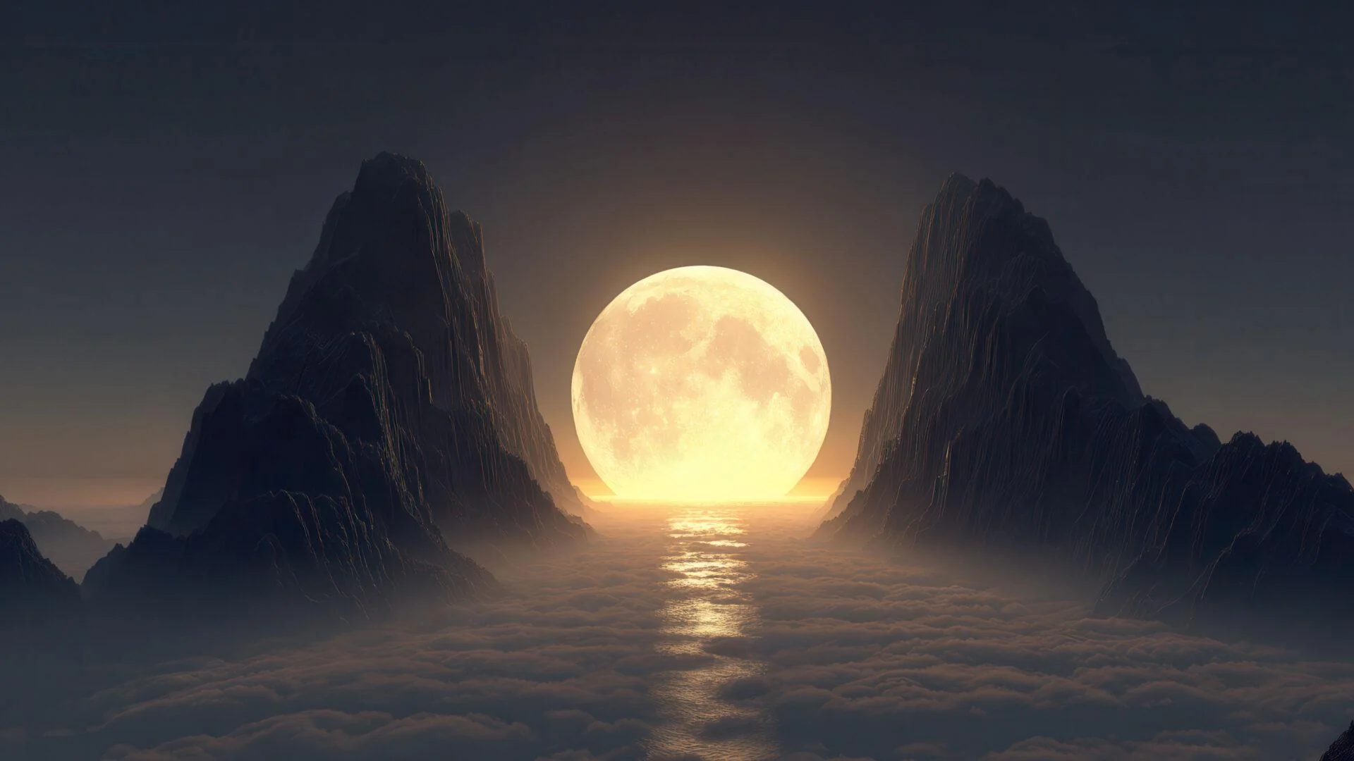 Golden Full Moon Over Cloud Filled Mountains picture 1 of 1